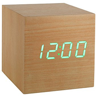 Gingko Cube LED Click Clock Wecker mit Sound Aktivierung (Uhrzeit, Datum & Temperatur), Buche/Grün LED