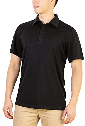 SHEEP RUN Herren-Poloshirt aus 100 % Merinowolle, leicht, feuchtigkeitsableitend, atmungsaktiv, kurzärmelig, Schwarz, Mittel