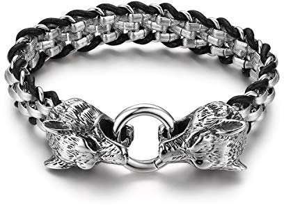 OIDEA Herren Armband Leder Edelstahl Armband Schwarz Silber, Dopplte Wolf Köpfe Geflochten Lederarmband Armreifen