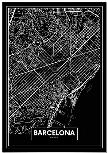 Panorama Lienzo Mapa Negro de Barcelona 50x70 cm - Bastidor Incluido - Cuadros Decorativos para Salón - Decoración Moderna