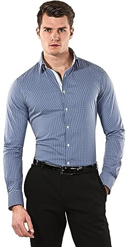 Vincenzo Boretti Herren Hemd Body-fit (besonders Slim-fit tailliert) kariert bügelleicht dunkelblau 39-40