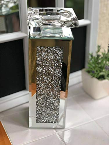 Crushed Diamond Crystal candle holder Tealight holder Clear Silver Mirror Glass Tall Pillar Taper Candle Holder Home Decor Wedding 25cm