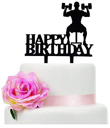 Black Acrylic Dumbbells Happy Birthday Cake Topper, Sports Theme Birthday Cake Topper (Dumbbells)