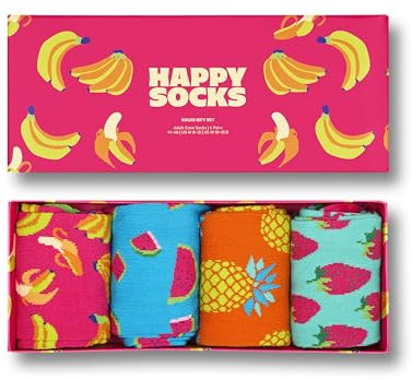 Happy Socks 4-Pack Amazon Banana Box, colorées et amusantes, chaussettes pour homme et femme, Vert-Bleu-Orange-Jaune-Rose (36-40)