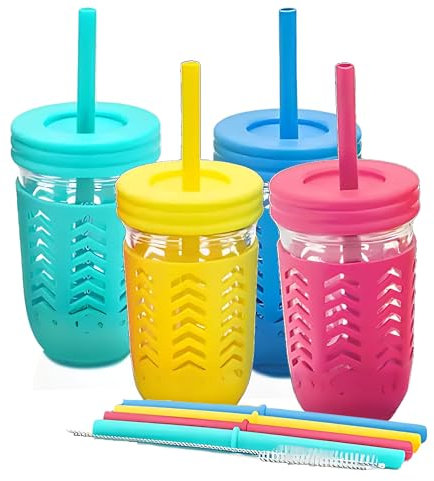 Smiths Mason Jars - Tasses pour enfants avec paille - Lot de 4 tasses en verre étanches de 8 oz avec manchons en silicone - Bocal coloré pour enfants pour le voyage et l'usage quotidien