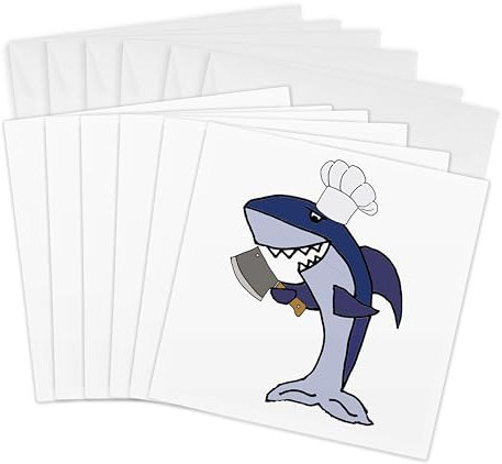 3dRose Greeting Cards - Funny Shark in Chefs Hat with Meat Cleaver Cooking Cartoon - 6 by 6-inches, set of 6 (gc_288016_1)