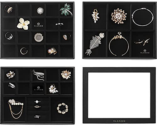 Vlando Schmucktablett Stapelbar Schmuckkästchen Schmuckaufbewahrungen Schublade-Organizer - Mehrzweck 4 in 1 Schwarz Schmuck Organizers Mittlere Schmuckschatulle für Damen Herren