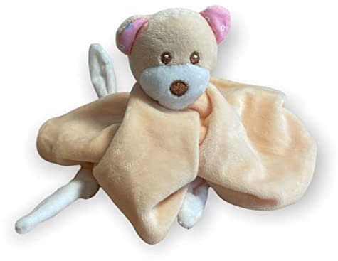 J&K Markets Doudou Mouchoir Plat Emy la Souris, Toucher Velours, Pêche/Blanc, Finition brodée, 28cm