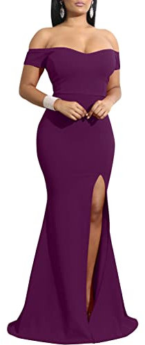 YMDUCH Damenkleid, schulterfrei, hochgeteilt, lang, formell, Partykleid, Abendkleid, Violett, X-Groß