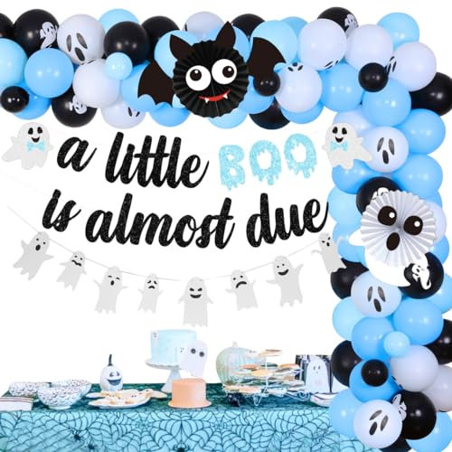 Halloween Shower Party Decorations for Blue A Little Boo is Almost Due Banner Garland Ghost and Bat Paper Fan for Halloween Pumpkin Shower Pregnancy Celebration Gender Reveal