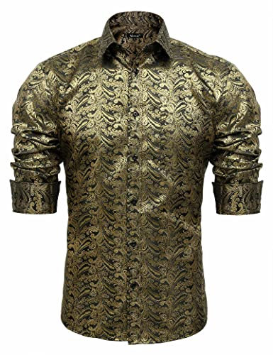 Alizeal Mens Retro Classic Paisley Jacquard Slim Fit Dress Shirt Long Sleeve Button Closure Shirt, Black Gold-L