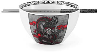 Hagary Dragon Ramen Bowl with Chopsticks Ceramic Bowl Stainless Steel Chopsticks Japanese Style Udon Miso Noodle Soup Bowls Housewarming Wedding Gifts Designed in Korea (Black, 20oz)