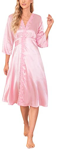 Aranmei Dressing Gown Womens Kimono Satin Bathrobe Long Robe Wedding Bride/Bridesmaid Lace Nightgown Spring/Autumn Morning Gown, Pink,XXL