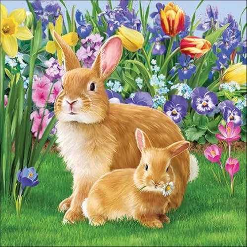 20 Servietten Hase zu Ostern auf Blumenwiese mit Setita Menükarte 33 x 33