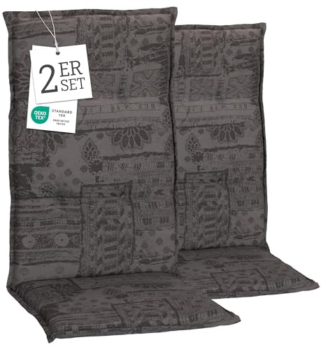 Beo Gartenstuhlauflagen Hochlehner 2er Set Barcelona | Made in EU nach Öko-Tex Standard | Hochlehner Auflagen waschbar | Atmungsaktive Stuhlauflagen Hochlehner mit Ornamenten in Dunkel-Grau