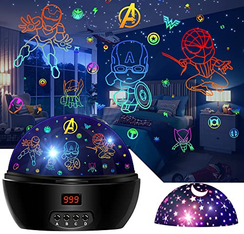 MOKOQI Projecteur de lumière pour enfant - Jouets de super-héros pour garçons de 5 à 7 ans - Projecteur de veilleuse Avengers avec minuterie pour chambre d'enfant, rotation à 360 degrés - Veilleuse