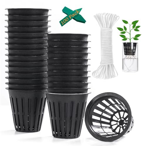 ORIMERC 100 STK 2inch(5cm) Netztöpfe Hydroponik Net Pot mit 100 feet Selbstbewässerungsdocht & 100 Pflanzenetiketten Hydroponischer Becher Mesh Cup Topf Gemüse Orchidee Aquaponik Kratky Hydrokultur