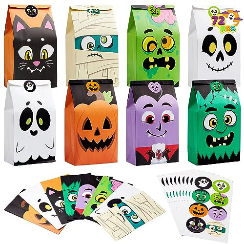JOYIN 72 Stück Halloween-Leckerli-Tüten - 6 Stile Taschen Mit Aufklebern, Papiertüten für Kinder, Süßes Oder Leckereien, Geschenke, Süßigkeiten, Kekse, Snacks, Dekorationen