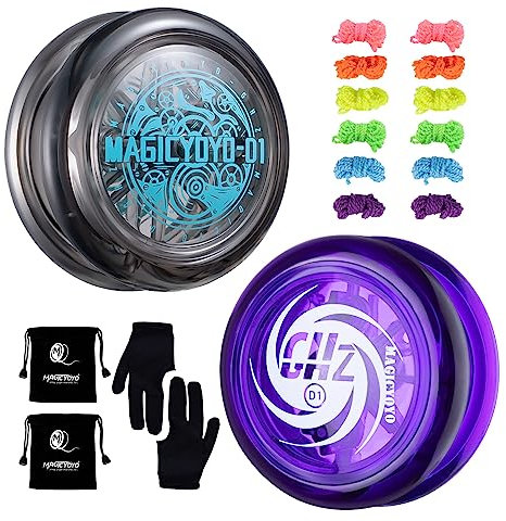 MAGICYOYO Pack of 2 D1, Responsive YoYos for Kids, Crystal Purple & D1 Crystal Black YoYos with A+B Logo, 2A Looping Yoyo + 12 Yoyo Strings + 2 Glove + 2 Bag