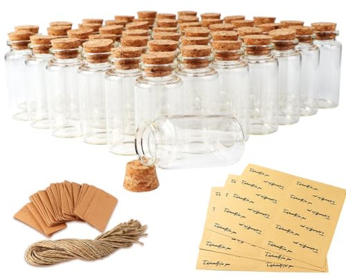 Fayavoo 48pcs 25ML Glass Bottles With Cork, Mini Wedding Favour Bottles With DIY Label Tags and String, Vials for Wedding Gifts Baby Shower Party Favors for Guests, Clear