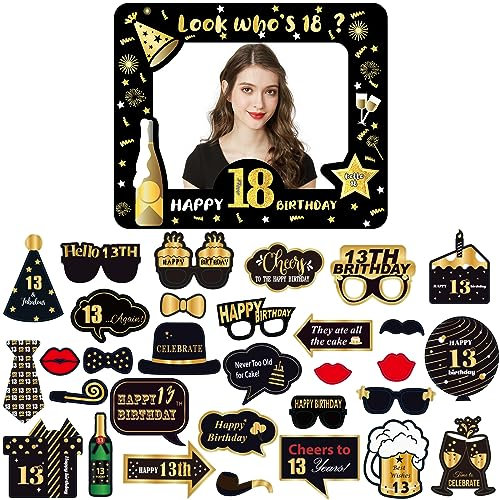 Black Gold Inflatable Selfie Frame for 18th Birthday Party - Photo Booth Frame with 32pcs Props for Girls Boys Him Her Gifts