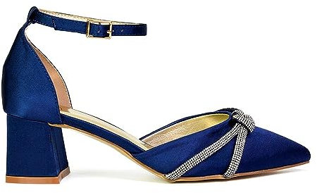 Womens Wedding Shoes Block Low Heel Ladies Ankle Strap Pointed Toe Sparkly Diamante Trim Navy Bridal Evening Party Court Shoes 6