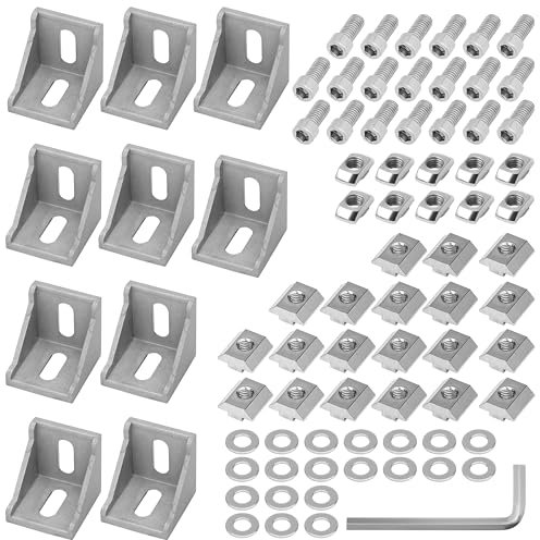 Belle Vous Lot de 81 Equerre Fixation d’Angle & Connecteurs en Aluminium Série 4040 - 40 x 40 mm, Fente 8 mm - Equerre Metal Profilées en L Argentés avec Écrous & Vis en T - Montage Angle Droit