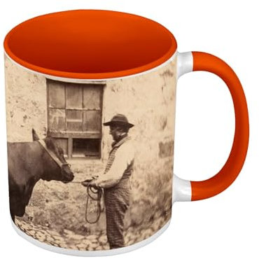 Mug de Couleur Qualité Premium Orange - Vieille Photo Sépia Fermier et sa Vache Veau Boeuf Original - Tasse avec anse et intérieur de couleur