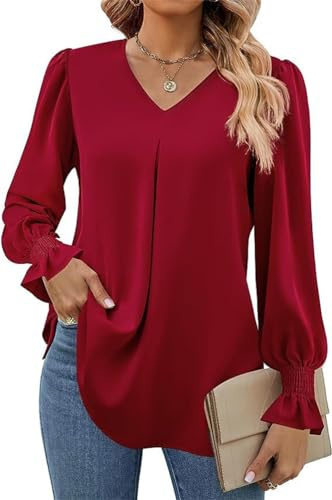 Tomwell Blouse Femme Automne Chemisier en Mousseline de Soie Élégant Haut à Manches Longues Col V Tunique Fluide T-Shirt Couleur Unie Blouse Plissé Casual Femme Chic A Vin Rouge XXL