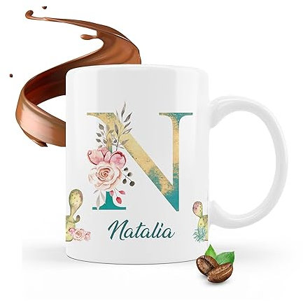 Taza personalizada con inicial (A-Z) y nombre de cerámica 325 ml para té, café, leche, apta para microondas y lavavajillas, original taza para regalar (N)