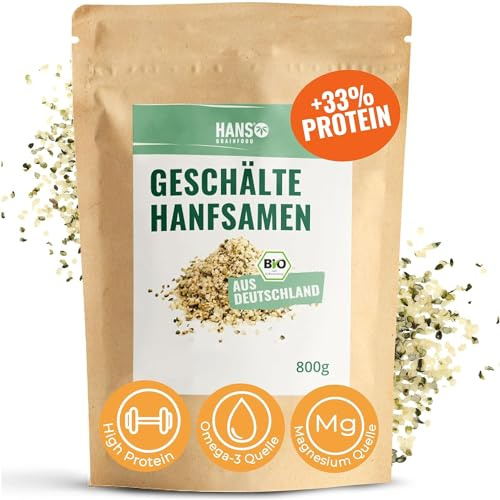 HANS Brainfood Bio Hanfsamen geschält - High Protein - Natürliche Omega 3 und Magnesium Quelle ohne Zusatzstoffe | Superfood vegan aus Bayern | Hanfprotein mit Eisen und Vitamin E | 2x 800g