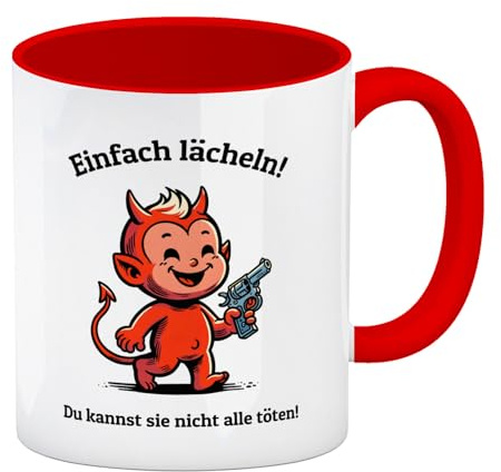 Teufel mit Pistole Kaffeebecher in rot und Spruch Einfach lächeln! Du kannst sie nicht alle töten! Witzige Büro-Tasse für Kollegen mit Teufelchen-Design zur Motivation im Alltag