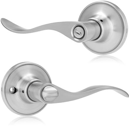 XFORT Cabriole Privacy Knob Set Satin Chrome, Door Knob with Lock for Internal Wooden Bathroom Doors, Complete Set with Tubular Latch