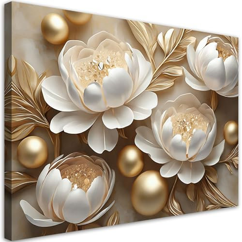 Feeby Leinwand Bilder - Bild Wohnzimmer - Glamour Gold Creme Blumen 3D - 30x20 1tlg - Deko Schlafzimmer Groß - Dekoration Canvas - Gemälde - Modern Wandbilder - Kunstdruck