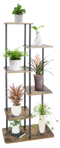 6 Niveaux Support Plantes Interieur en Métal Bois, Porte Plante Etagere Plantes Exterieur pour Plusieurs Plantes, Meuble Plante Supports de Pots de Fleurs pour Jardin, Balcon, Bureau (Moka Brown)