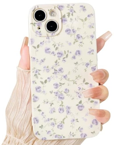 NITITOP Compatible with iPhone 13 Case Cute Flower for Women Girls Floral Purple Rose Design Vintage Shockproof Soft Girly Slim TPU Fashion Protective Phone Cover - Purple
