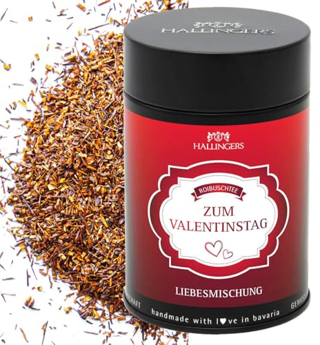 Hallingers Genuss Manufaktur Roibusch Tee Valentinstagsgeschenk - loser Rooibos-Tee, Rotbusch wertige Geschenk-Dose Zum Valentinstag mit Roibusch, Himbeere & Vanille, Valentintstag für Frauen
