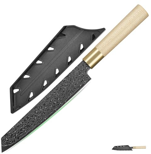 FULLHI Cuchillo japonés de acero damasco negro con funda, mango de madera Gyutou sashimi cuchillo de chef cuchillo de cocina con caja para hombre mujer regalo (Cuchillo de sushi)