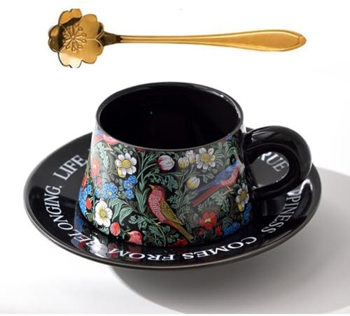 Eplze YBK Tech Morris Style Ceramic Cup and Saucer Set, 9oz Teacup with Saucer- Birds and Floral Pattern (Black)