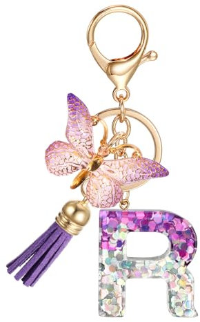 JSRQT Portachiavi con Lettera Iniziale R, Portachiavi con Lettera Alfabeto in Resina Viola per Donne Ragazze con Ciondolo Farfalla Nappa, Nome Lettera Iniziale Portachiavi per Borse Zaini Chiave