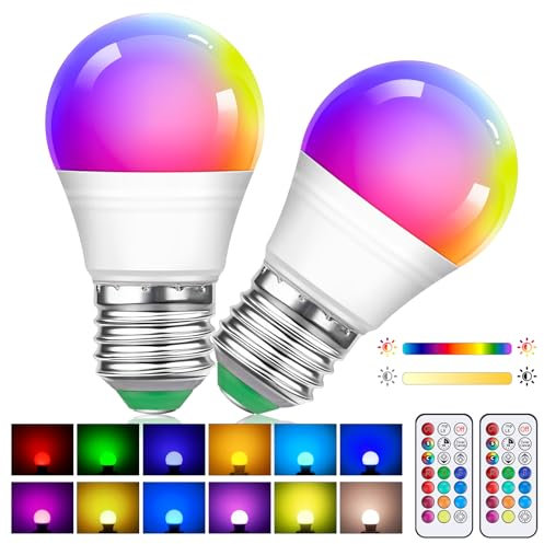 2 Lampadine LED Multicolore Dimmerabili E27, Lampadina a Cambio Colore G45 Da 5W Con Telecomando, Lampadine RGB+Bianco Caldo a Basso Consumo per Illuminazione D'atmosfera