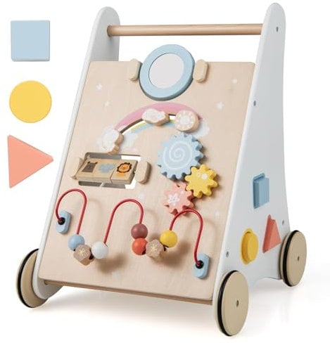 FANTASK 7 in 1 Lauflernwagen aus Holz, Lauflernhilfe mit Aufbewahrungsbox in Weiß, Montessori Baby Walker mit Spielbrett, Spiegel & Bauklötzen, Jungen und Mädchen ab 1 Jahr
