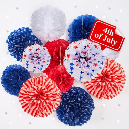 SUNBEAUTY Patriotic Tissue Paper Pom Poms 4th of July Party Decorations Red White and Blue Hanging paper fans for American Independence Day USA Flag Theme Party Backdrop Home Decor Supplies-12Pcs