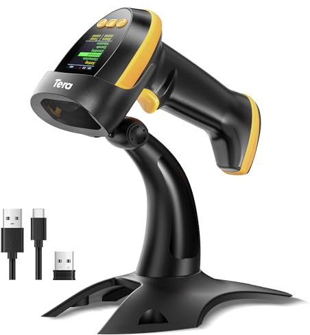 Tera Wireless 2D-Barcodescanner mit Ständer: Pro Version mit digitaler Konfigurationsanzeige und Tastatur Funktioniert mit Bluetooth 2.4G Wireless USB Kabel Tragbar Extra Schnell HW0009-Z Gelb