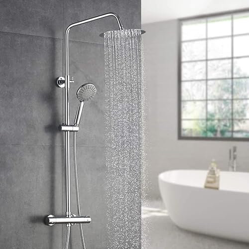 Colonne de Douche Thermostatique - Système de douche thermostatique 38°C, Ensemble Douche Murale Douchette avec Pommeau de Douche et 10 pouces Douche à Pluie, Douche à Pluie Réglable en Hauteur