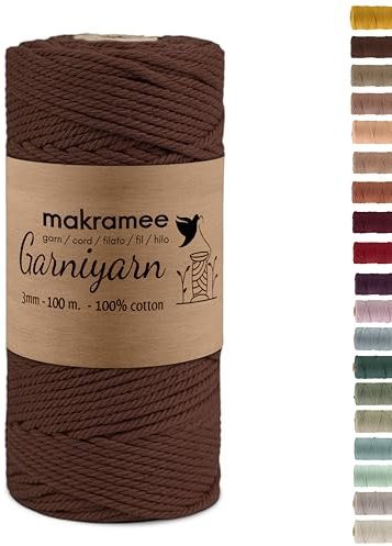 GARNIYARN Premium Makramee Garn 3mm – Weiches Baumwollseil für Macrame, DIY-Bastelprojekte, Wandbehänge, Pflanzenhänger und Wohnaccessoires, Stricken – 100% Natürlich Cotton – 3mm (Braun, 100m)