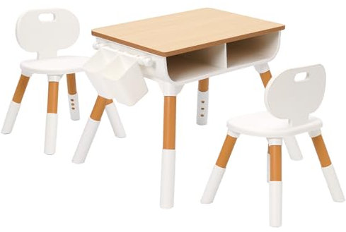 Kids Table and 2 Chairs Set,Adjustable Height Toddler Desk with Large Storage Drawer & Wipe-Clean Surface,Learning Activity Table for Classrooms Daycares Homes,Painting Table Chair Set for Children