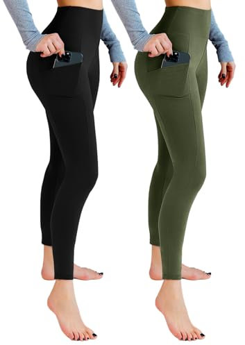 Leafigure 2er Pack Sport Leggings Damen High Waist Sporthose Damen Mit Taschen Gym Leggings Blickdicht für Sport Yoga Schwarze/Armeegrün SM