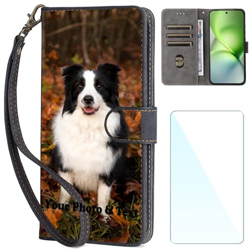 WISTFULNAI Personnalisée Flip Coque pour Samsung Galaxy J6 Plus + 1 Pièces Verre Trempé,Personnalisable Votre Propre Image Nom Etui Housse de téléphone en Cuir PU pour Galaxy J6 Plus - Black-JU