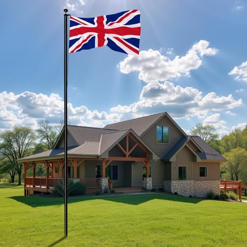 Bonnlo 20FT/6.1M Sectional Aluminum Flagpole, Thick Tube Halyard Flag Pole, Kit Free 3'x5' UK United Kingdom Flag Golden Ball Top Halyard Rope PVC Sleeve, Outdoor Residential Garden, Balck